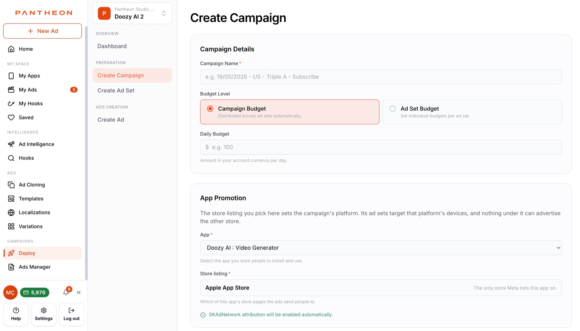 Campaign setup in Pantheon’s Meta deployment flow